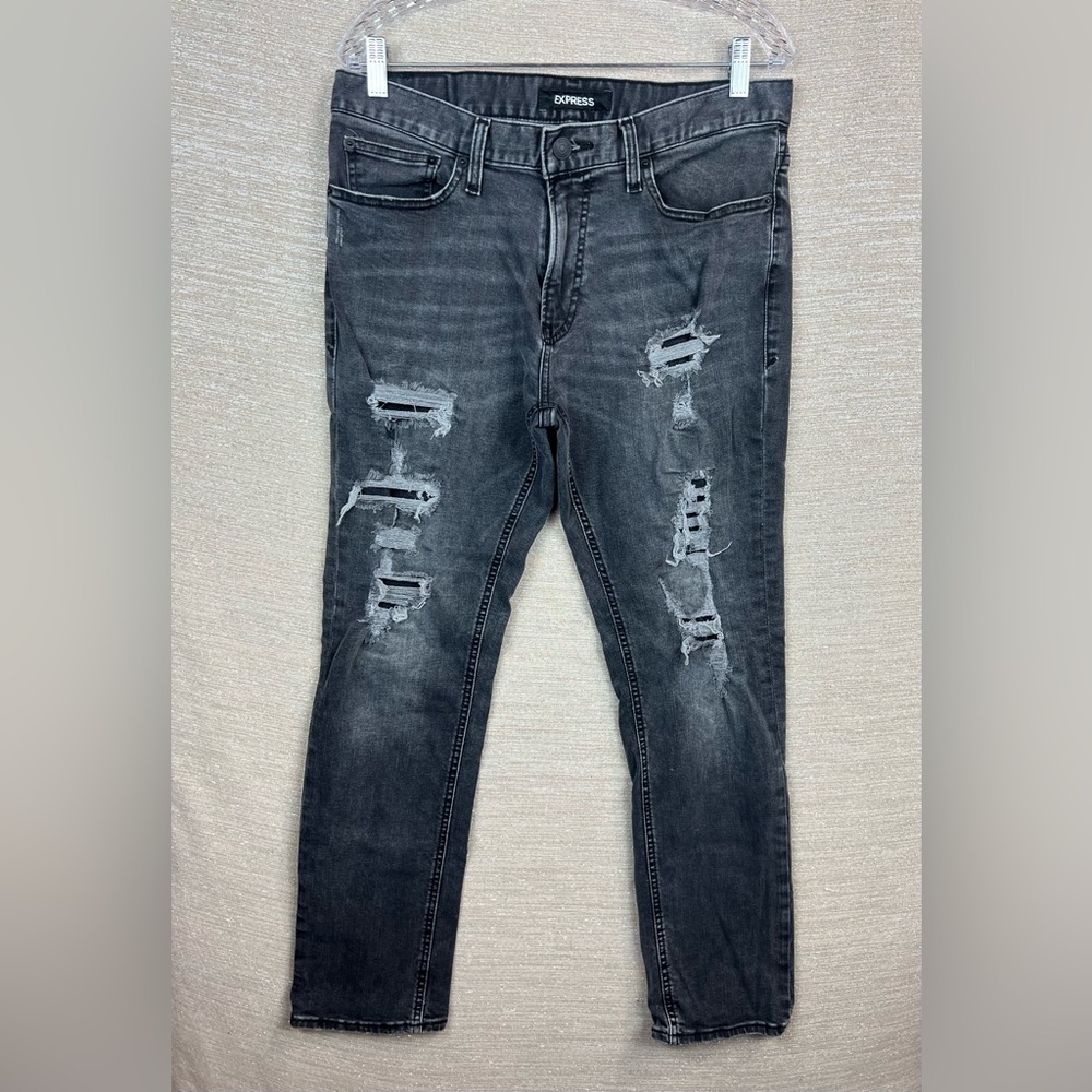Express Men’s Size 34x32 Slim Charcoal Wash Ripped Stretch Denim Jeans